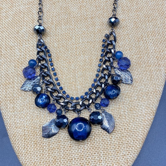 COOKIE LEE Blue Glass Beads Rhinestones Gunmetal Black Chain Statement Necklace - Picture 7 of 8